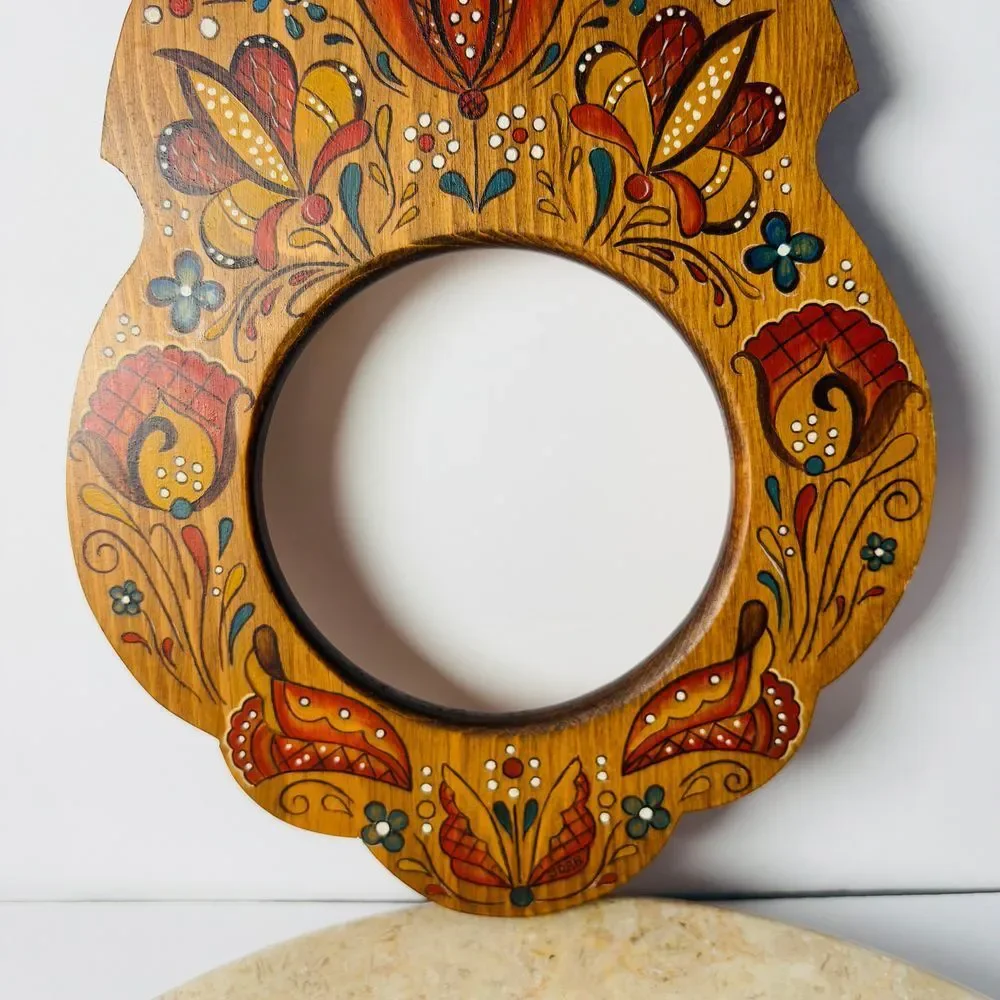 Vintage Handpainted Artisan Ornate Wooden Hanging‎ Wall Frame Mirror Floral